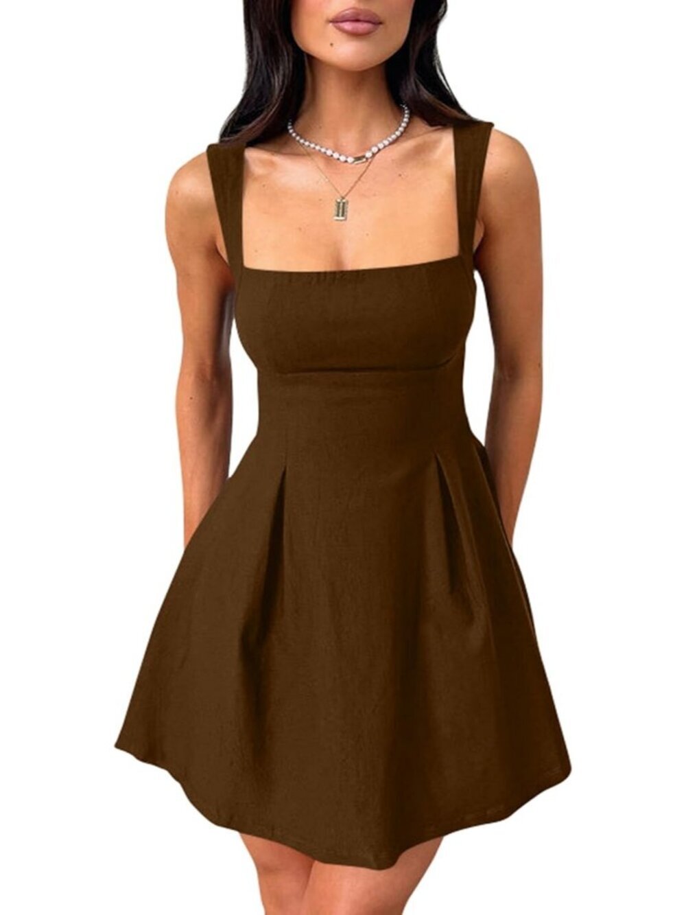 Women's Sleeveless Square Neck Coffee Strap Bow Tie A-line Mini Party Club Dress
